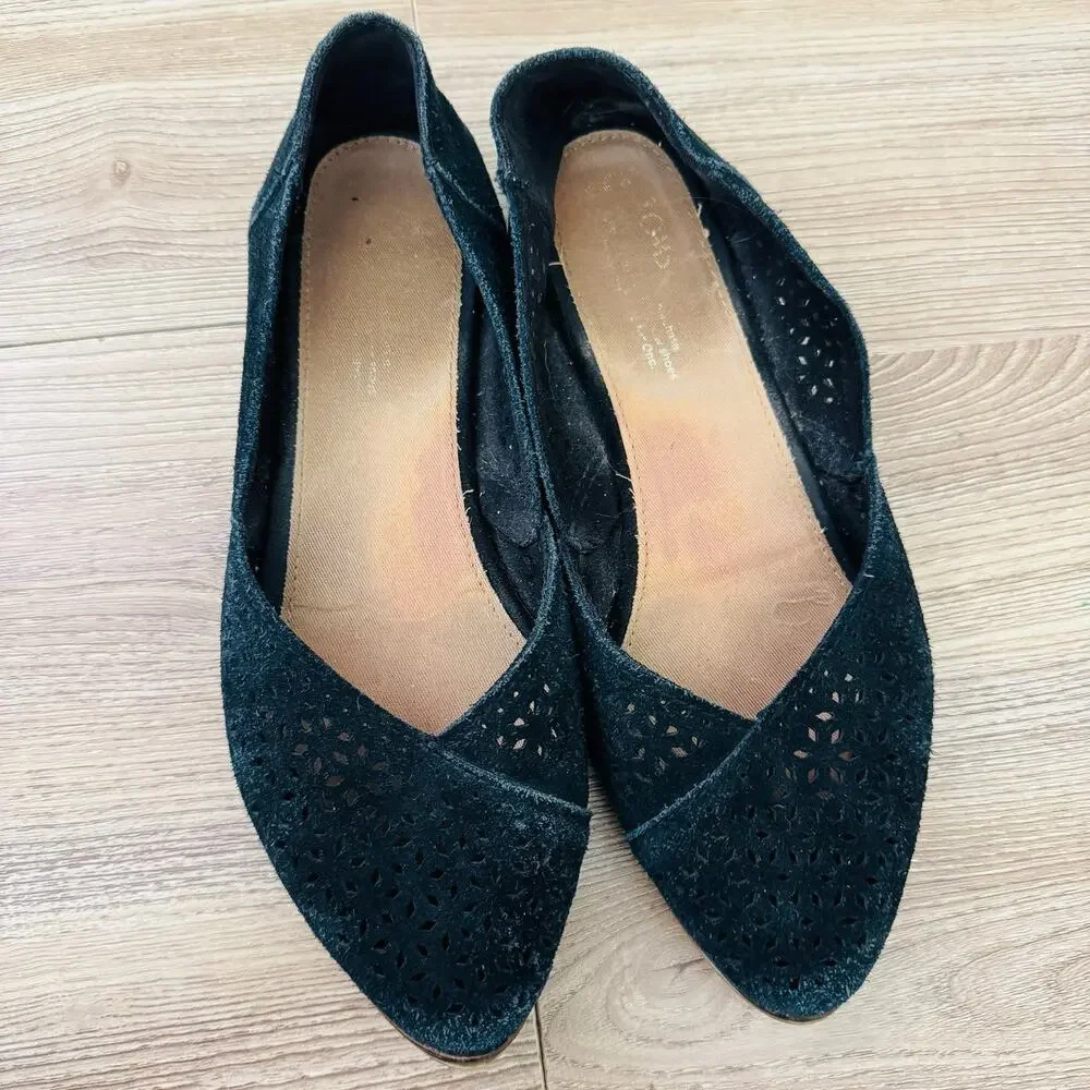TOMS Jutti Black Suede Leather Perforated Slip On Shoes Women’s Size 9.5